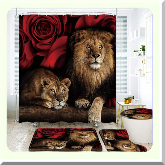 Red Rose Bathroom Shower Curtain Set with Rugs and Hooks