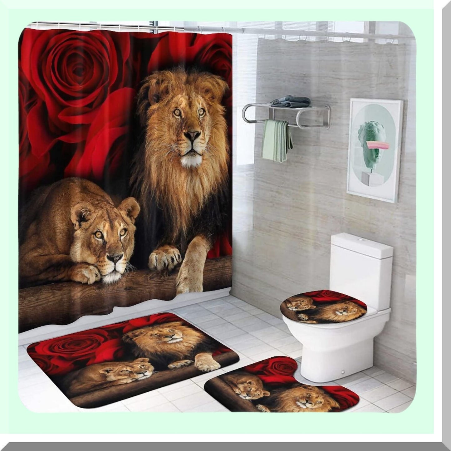 Red Rose Bathroom Shower Curtain Set with Rugs and Hooks