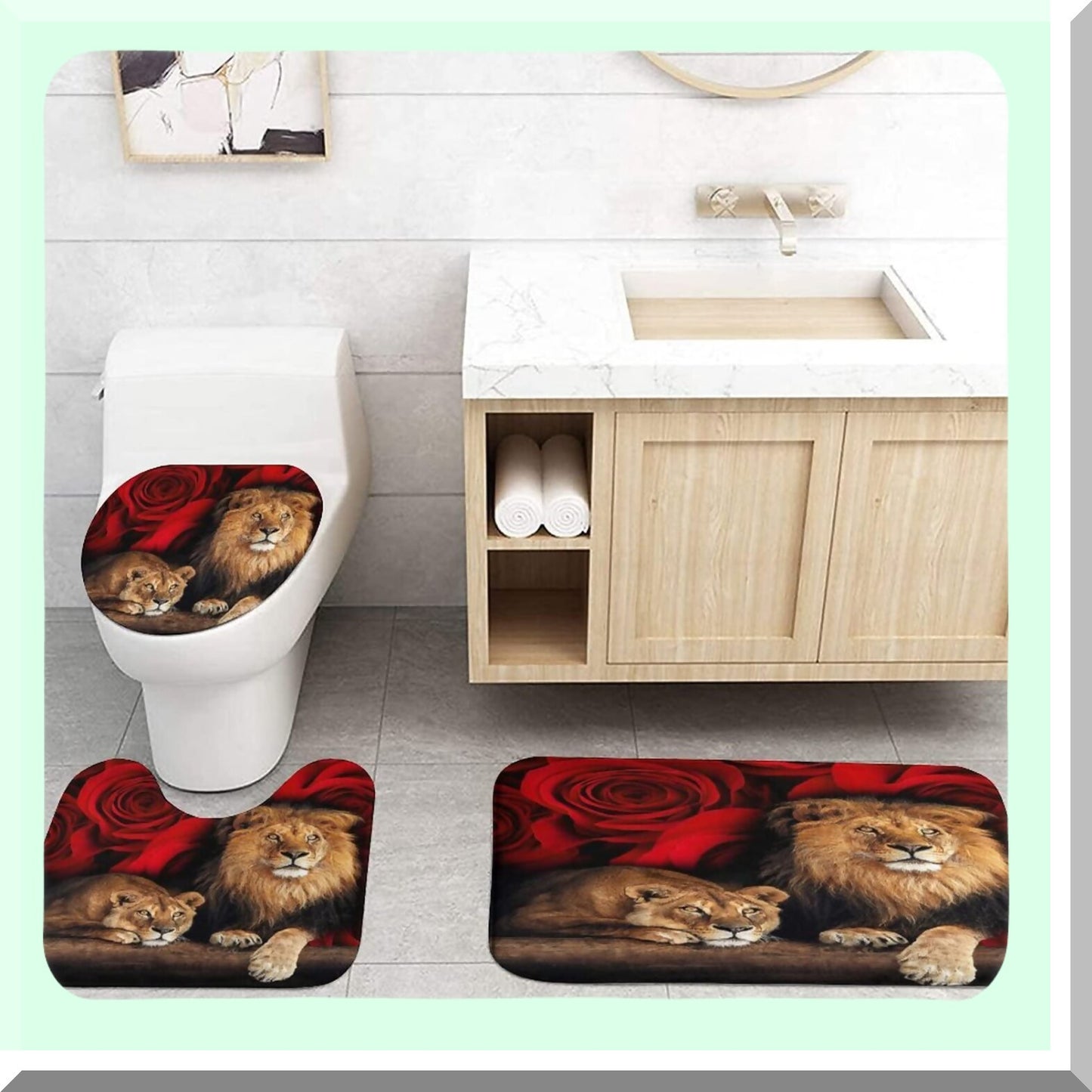 Red Rose Bathroom Shower Curtain Set with Rugs and Hooks