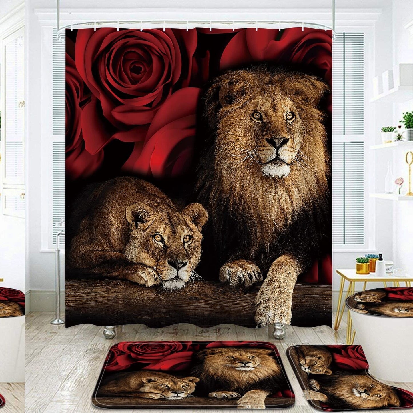 Red Rose Bathroom Shower Curtain Set with Rugs and Hooks