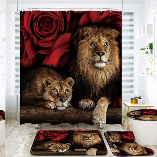 Red Rose Bathroom Shower Curtain Set with Rugs and Hooks