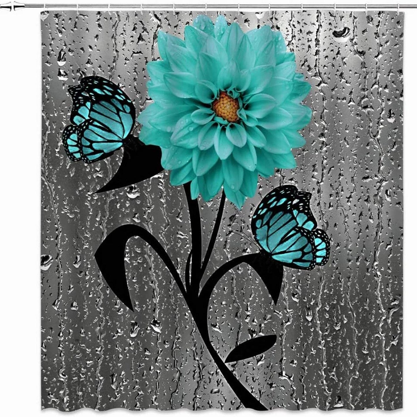 Dahlia Shower Curtain Teal Flower Butterfly Gray