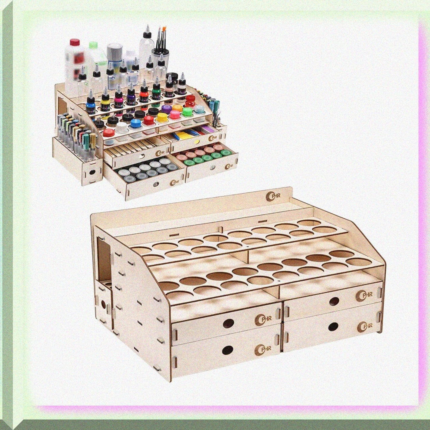 Wood Artist Supply Paint Rack Stand with Large and Small Holes