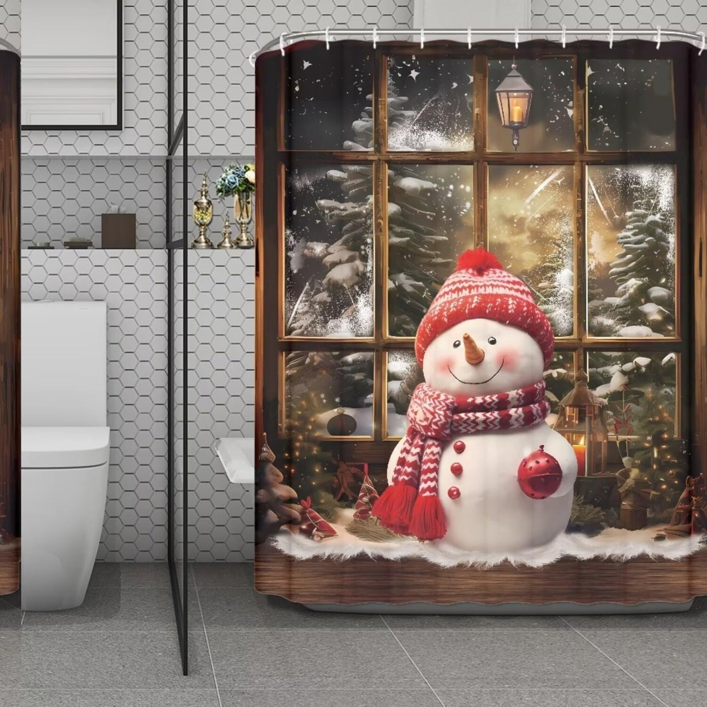 Snowmen Snowy Trees Fabric Shower Curtain 71x71 inches