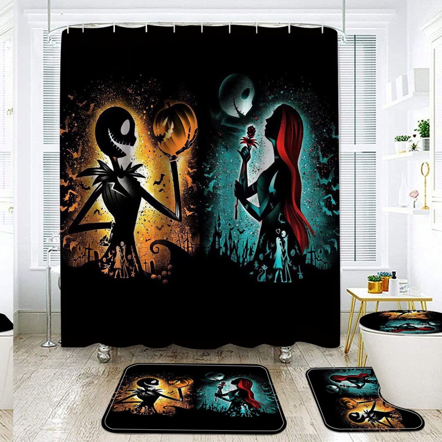 4 Pcs Bathroom Decor Shower Curtain Set with Bath Rugs Gray Skull
