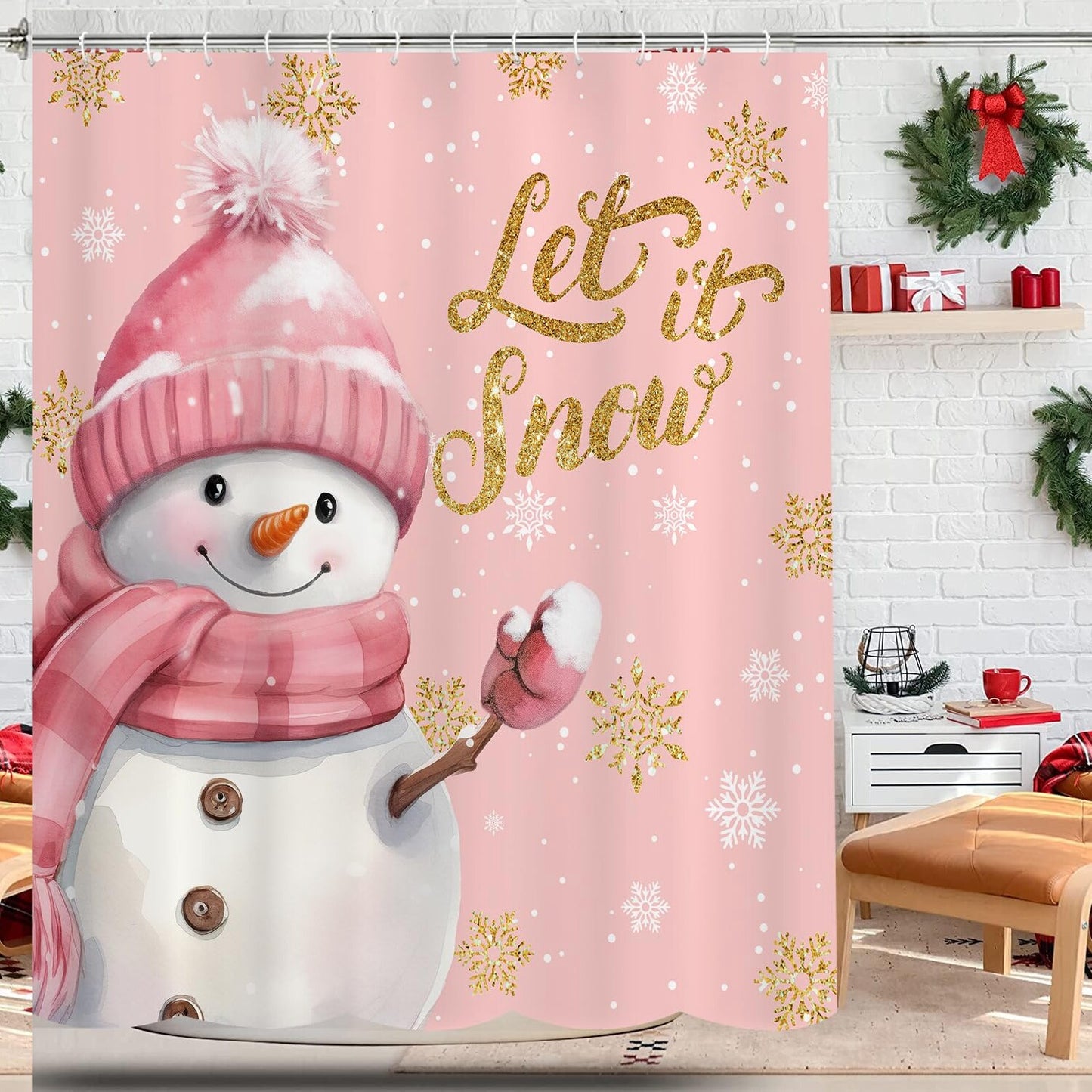 Pink Snowman White Gold Snowflake Shower Curtain 70x70in
