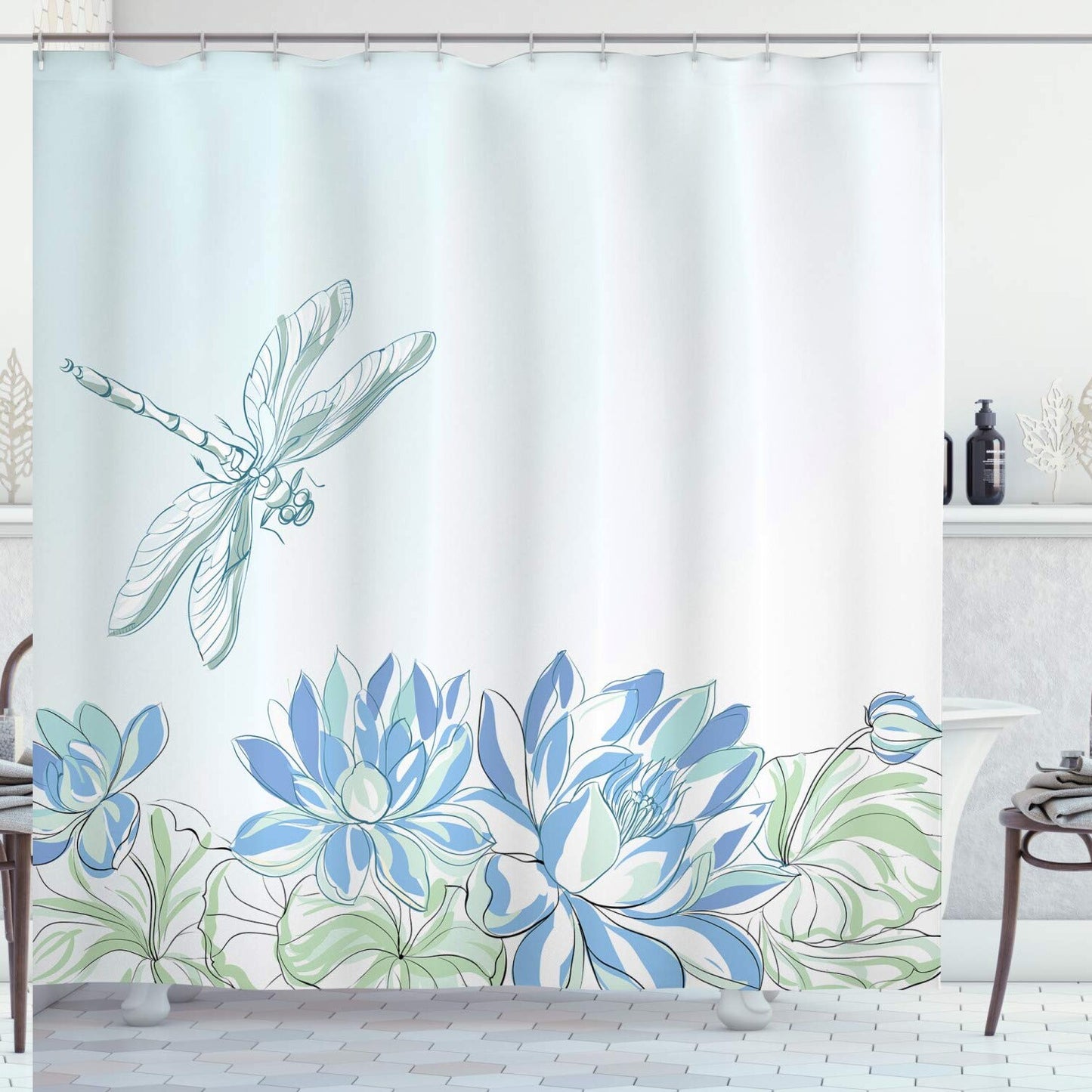 Dragonfly Waterlilies Shower Curtain 69x70 Blue Green