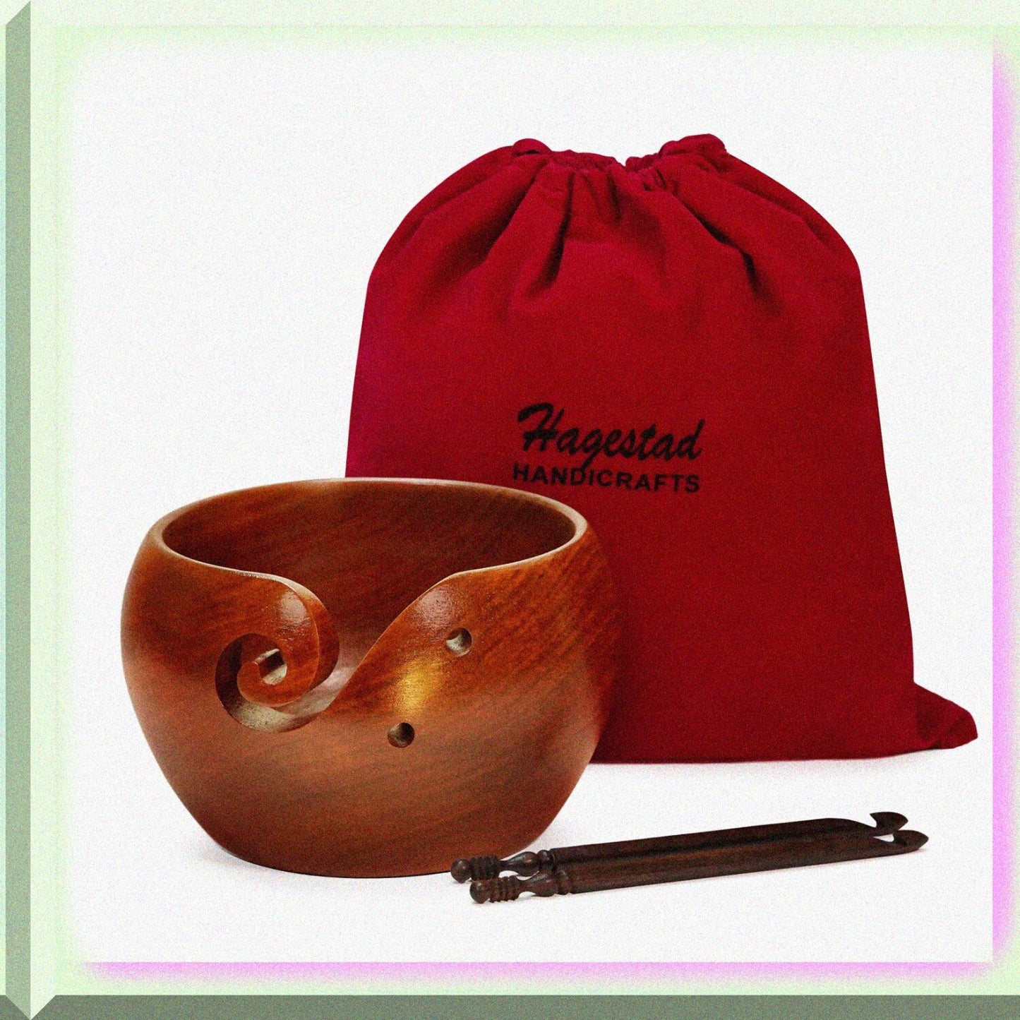 Large Wooden Yarn Bowl 7x4in with Crochet Hooks and Travel Pouch