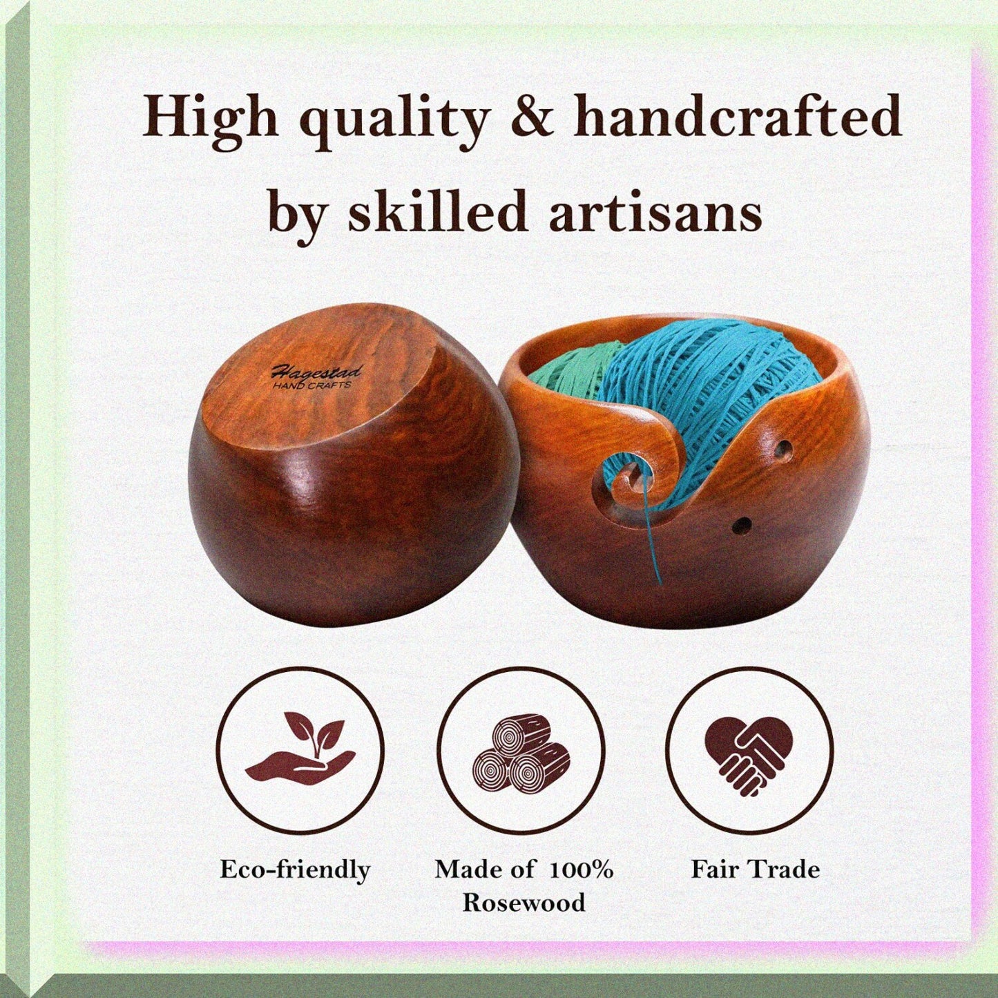 Large Wooden Yarn Bowl 7x4in with Crochet Hooks and Travel Pouch
