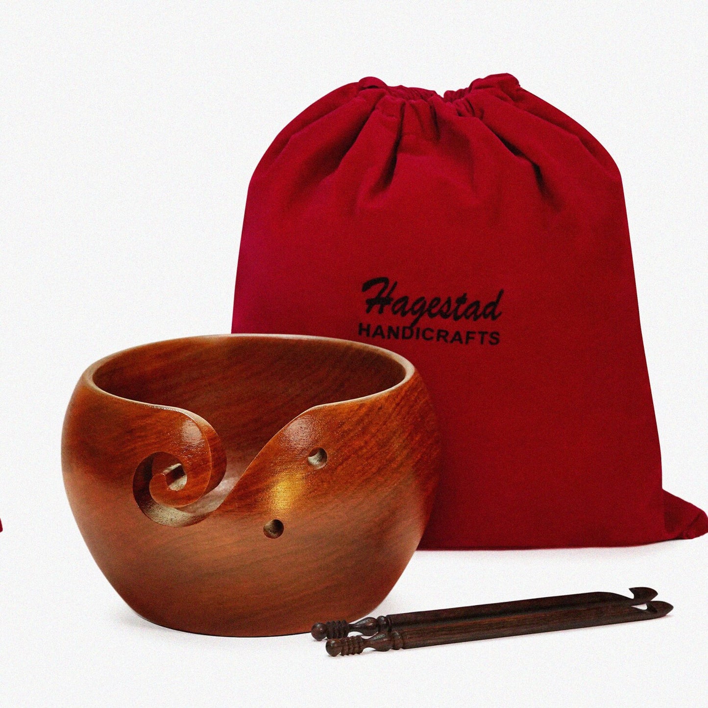 Large Wooden Yarn Bowl 7x4in with Crochet Hooks and Travel Pouch