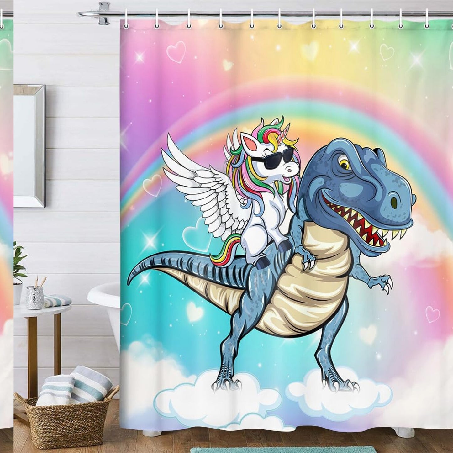 Kids Shower Curtain with Unicorn Dinosaur Rainbow Design 70x70in