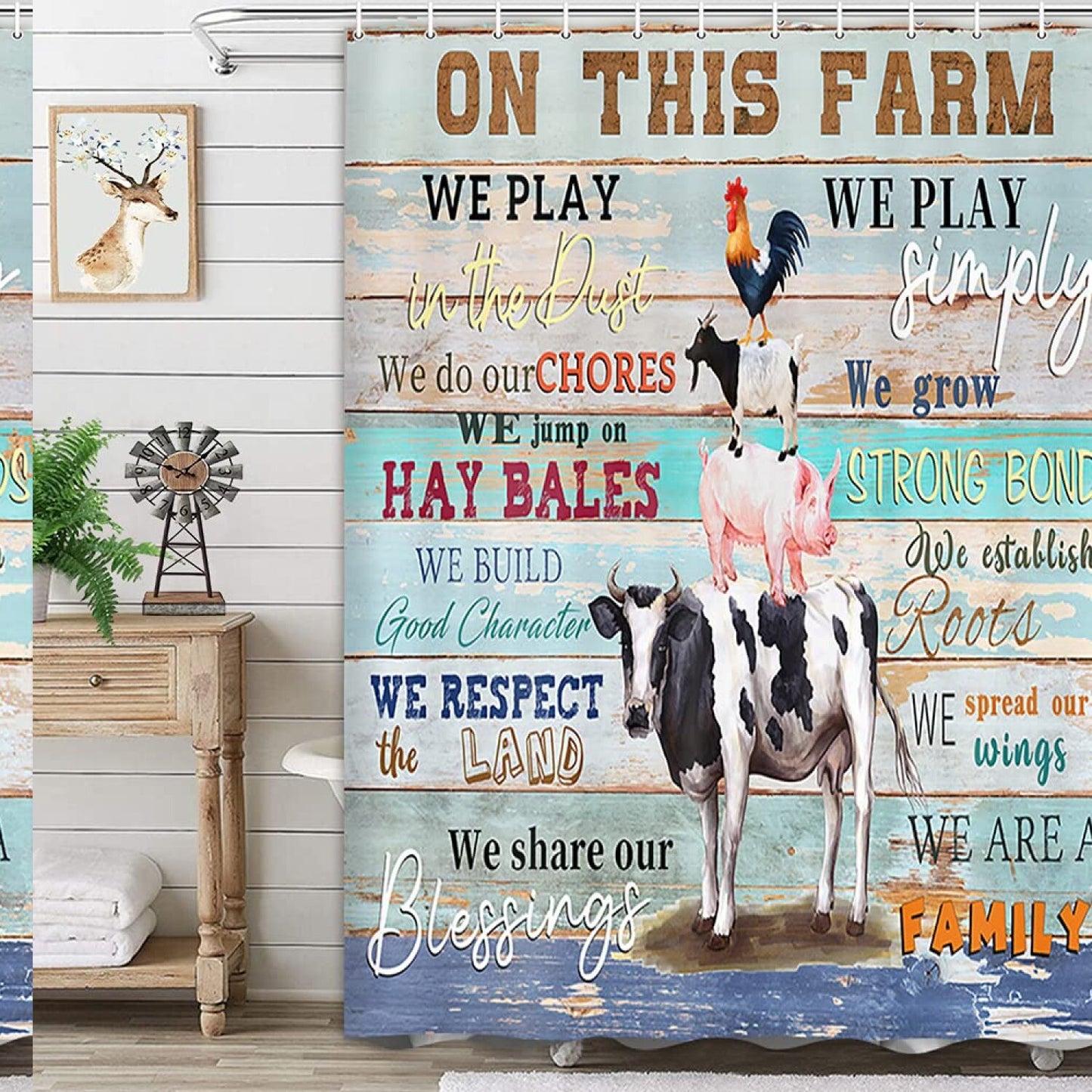 Rustic Farmhouse Shower Curtain with Farm Animals, 72x72