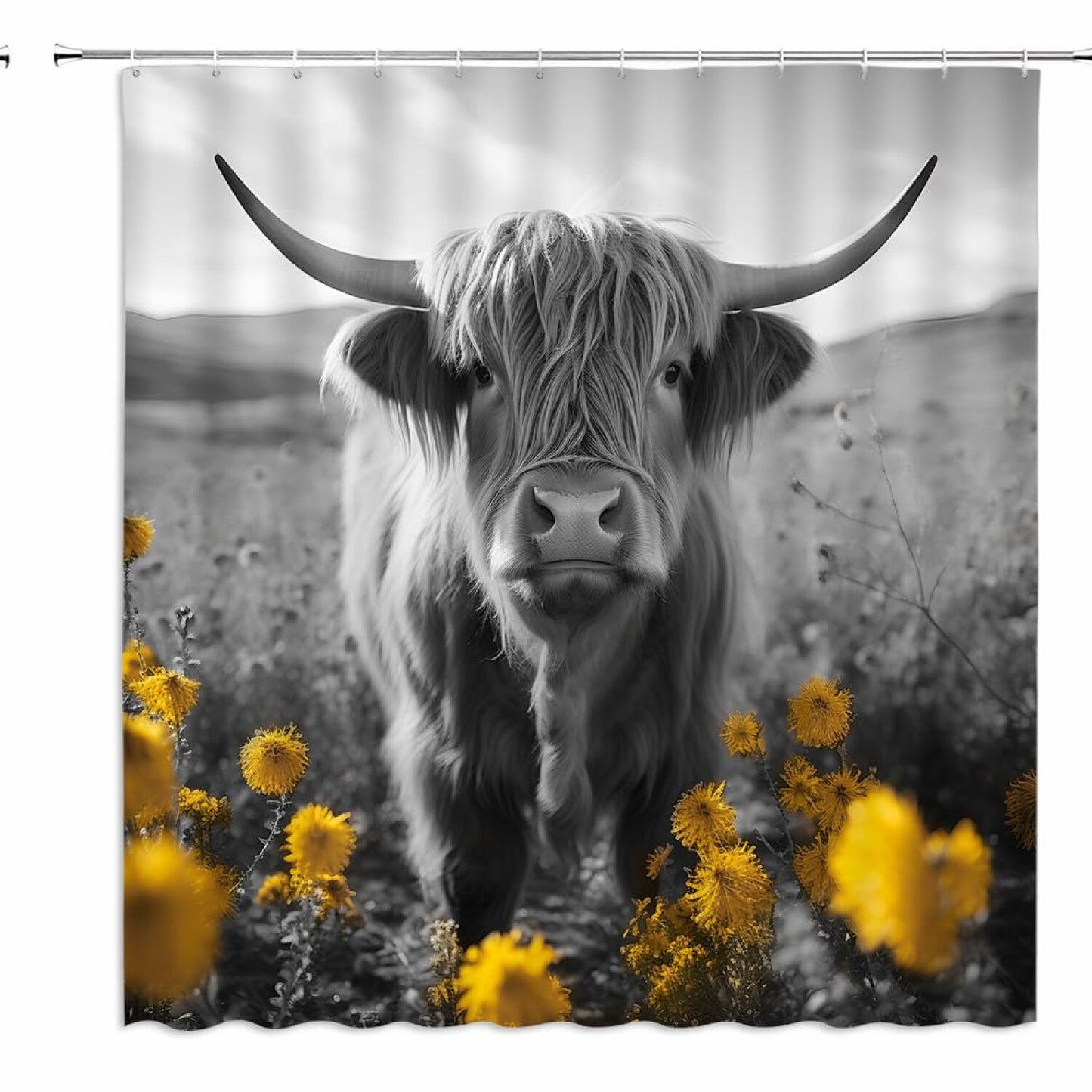 Farmhouse Highland Cow Shower Curtain Yellow Flowers
