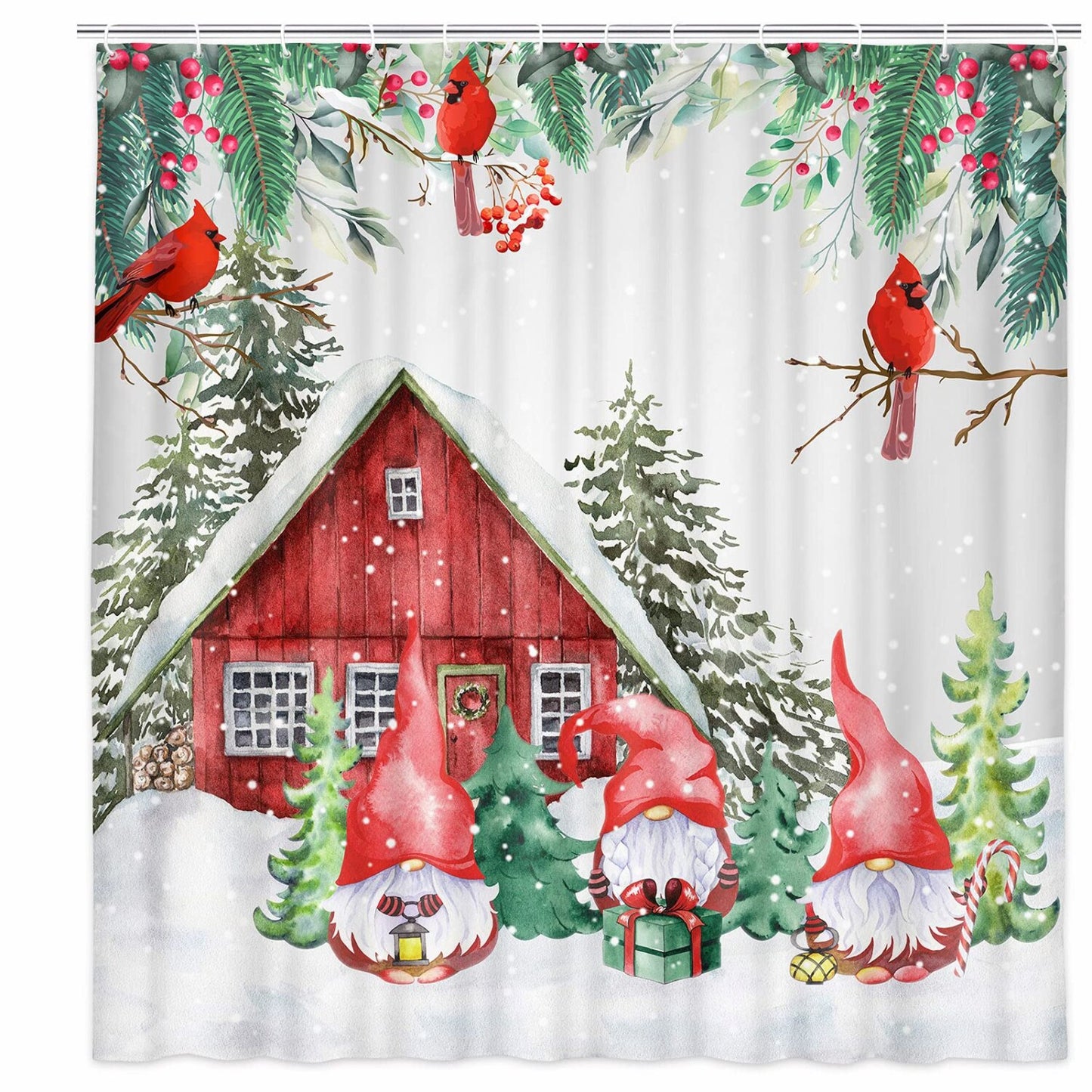Fabric Shower Curtain Gnome Cardinal Red Barn 69x70 Inch
