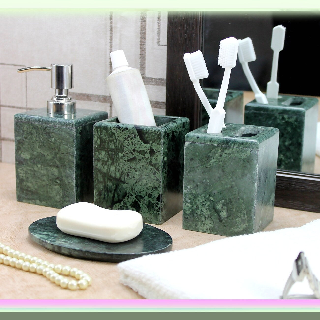 Natural Stone Bathroom Accessory Set (4 Pieces) Green