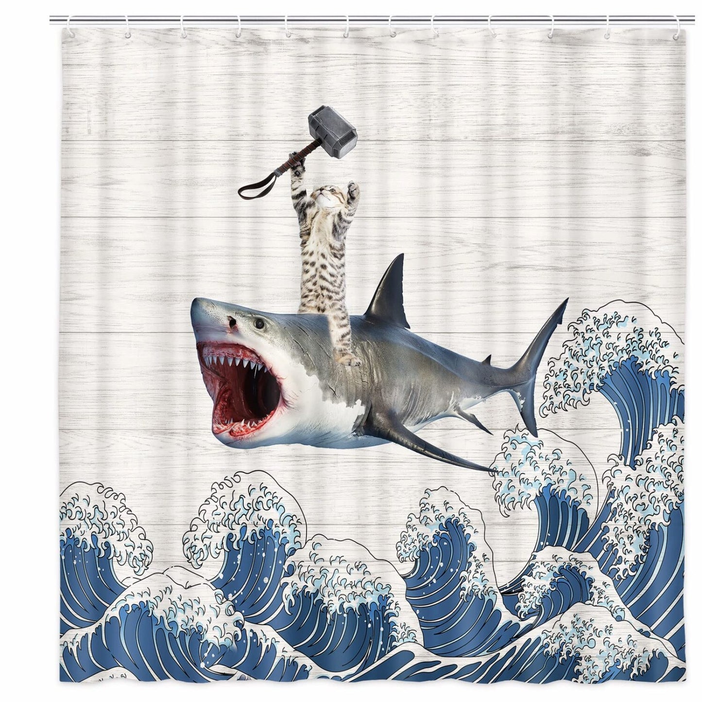 Cat Shower Curtain with Shark Design, 69 x 70 Inches
