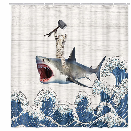 Cat Shower Curtain with Shark Design, 69 x 70 Inches