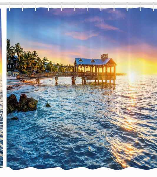 Beach Pier Shower Curtain 105" Cloth Fabric Pale Blue Green