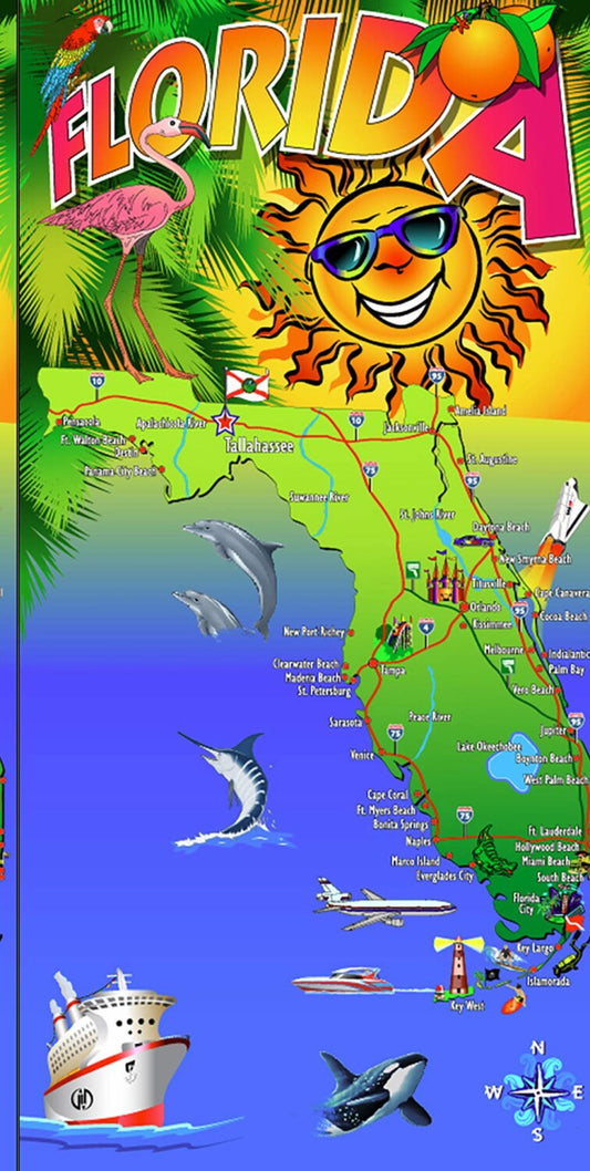 Florida Travel Map Cotton Velour Beach Towel 30x60