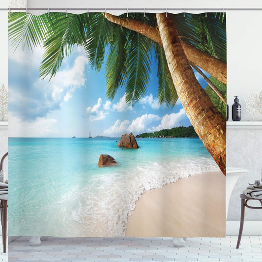 Beach Shower Curtain Green Palm Trees Blue Water 69x70
