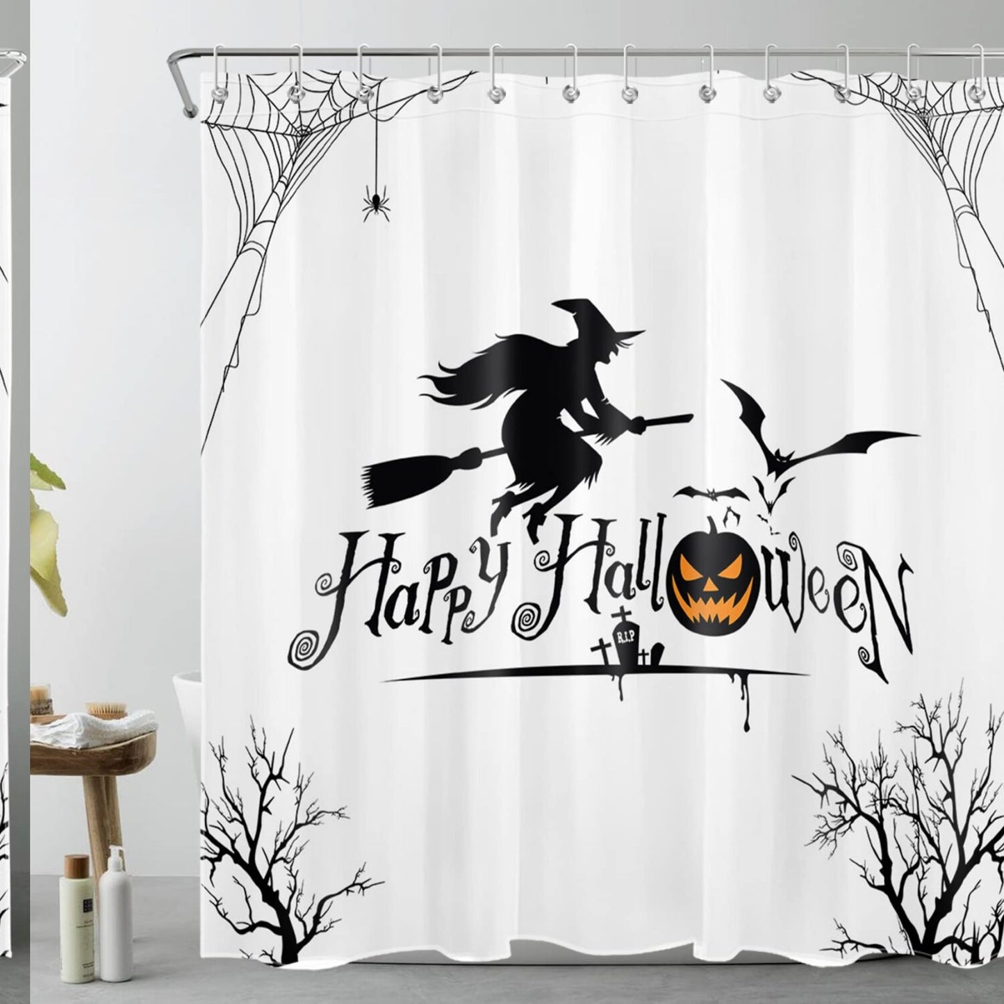 Black White Fabric Shower Curtain with Hooks 72x72 Inches