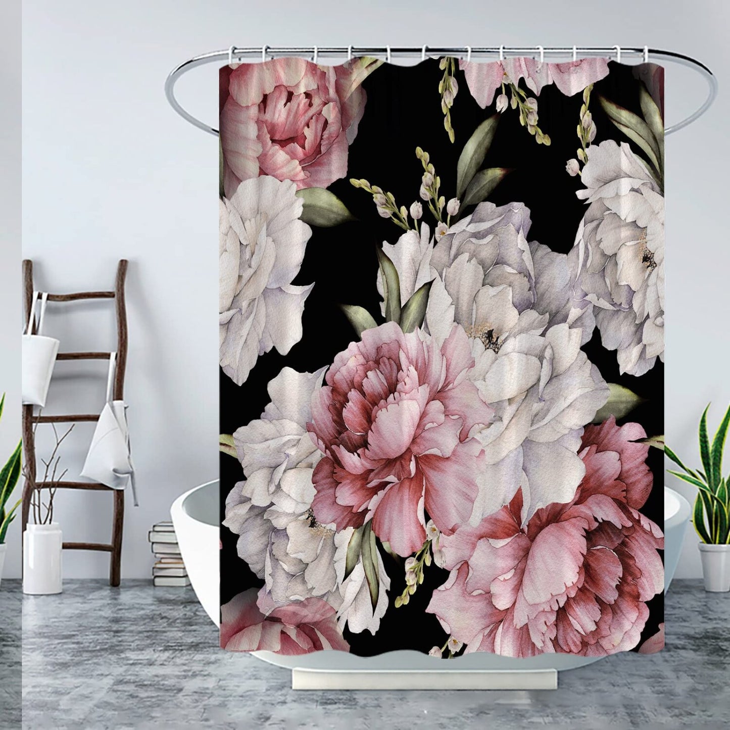 Black Boho Floral Shower Curtain 70x70 inches