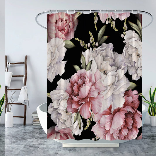 Black Boho Floral Shower Curtain 70x70 inches