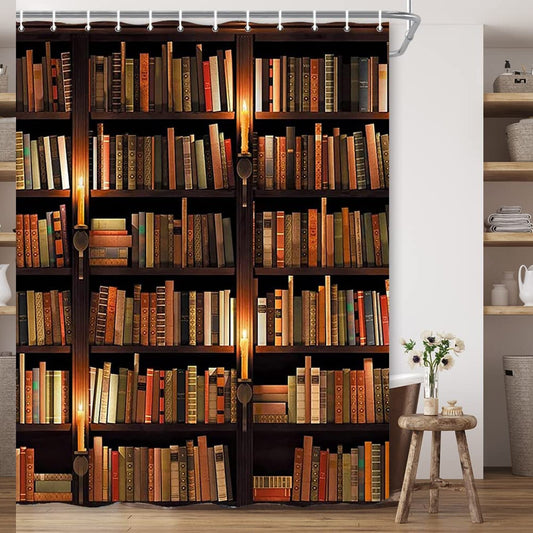 Vintage Library Bookshelf Shower Curtain 70x70 Inch