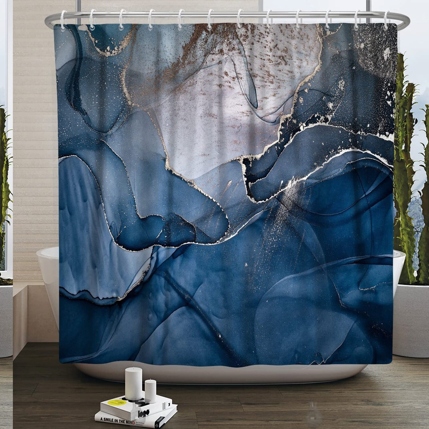 Navy Blue Marble Shower Curtain 72x84 Inches