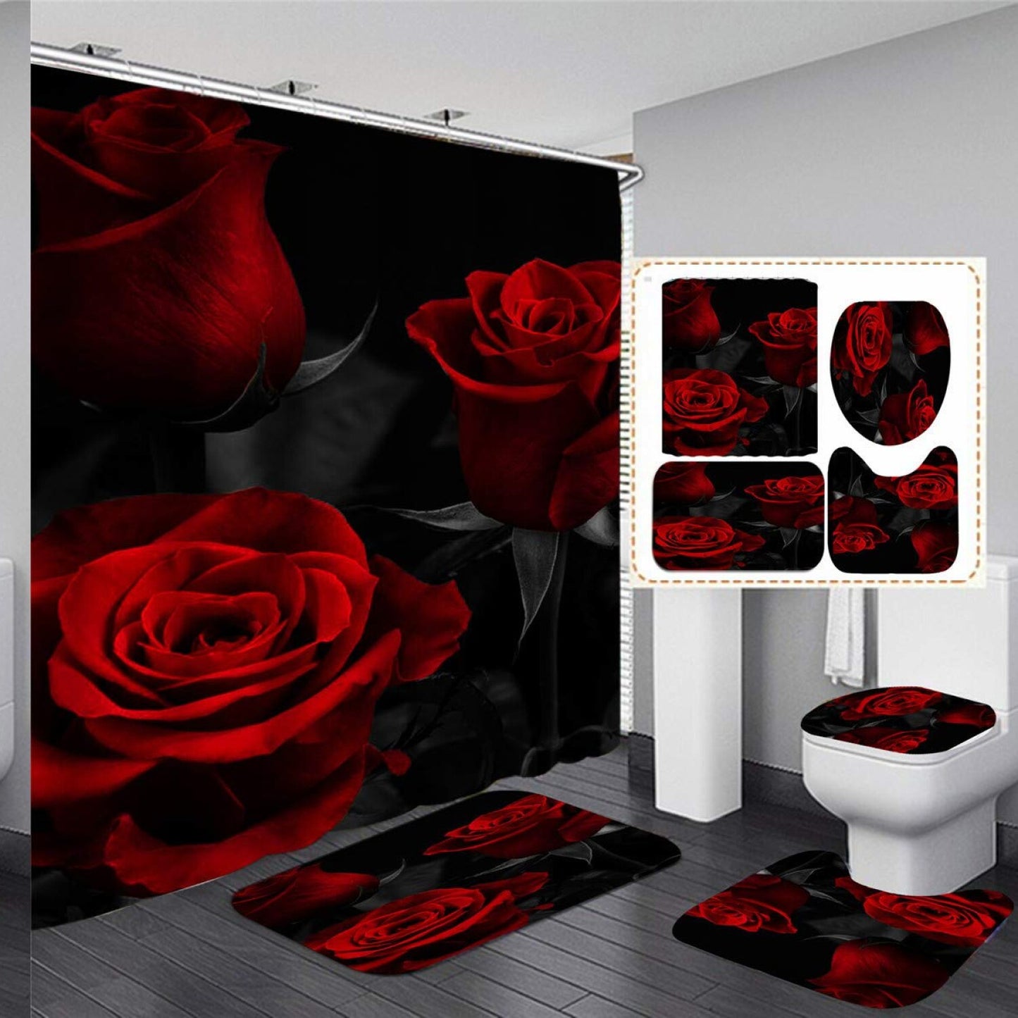 4PCS Red Rose Shower Curtain Set with Rugs and Hooks