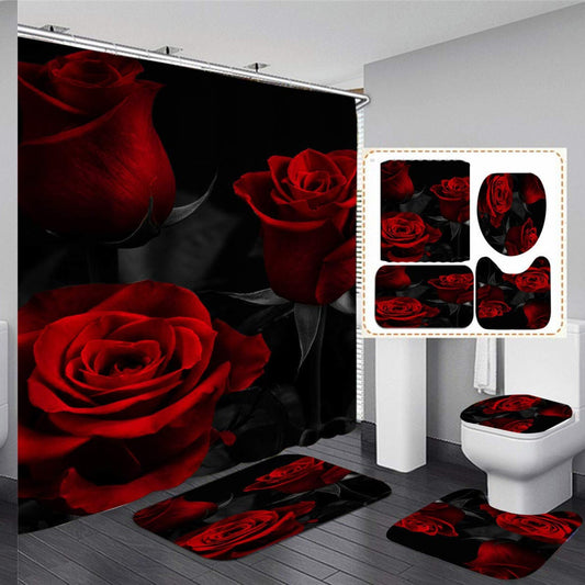 4PCS Red Rose Shower Curtain Set with Rugs and Hooks