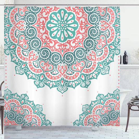 Oriental Floral Shower Curtain 69x70 Inches Turquoise Coral