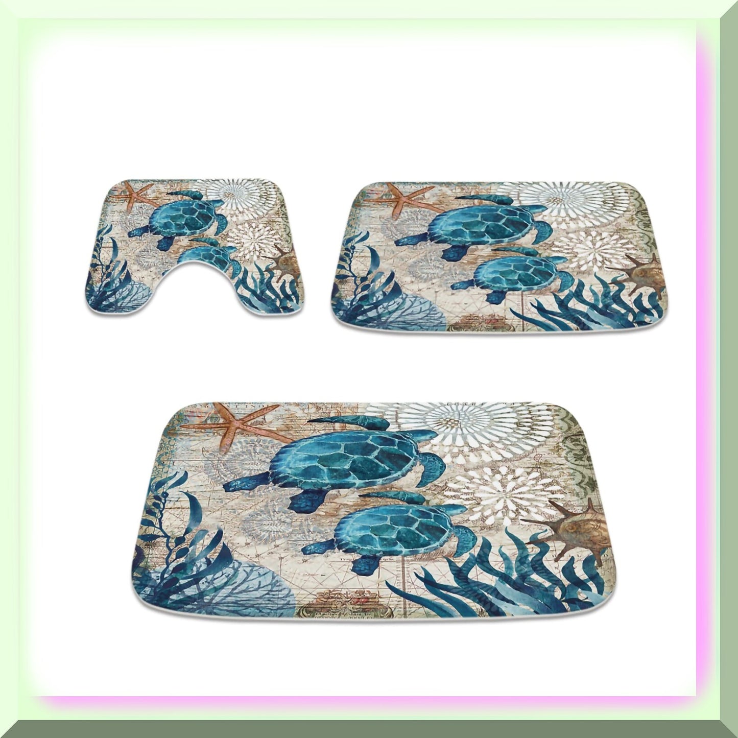Nautical Sea Turtles Blue Ocean Bathroom Rugs Set 3 Piece