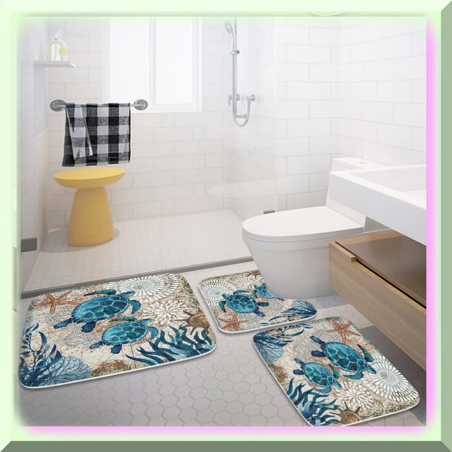 Nautical Sea Turtles Blue Ocean Bathroom Rugs Set 3 Piece