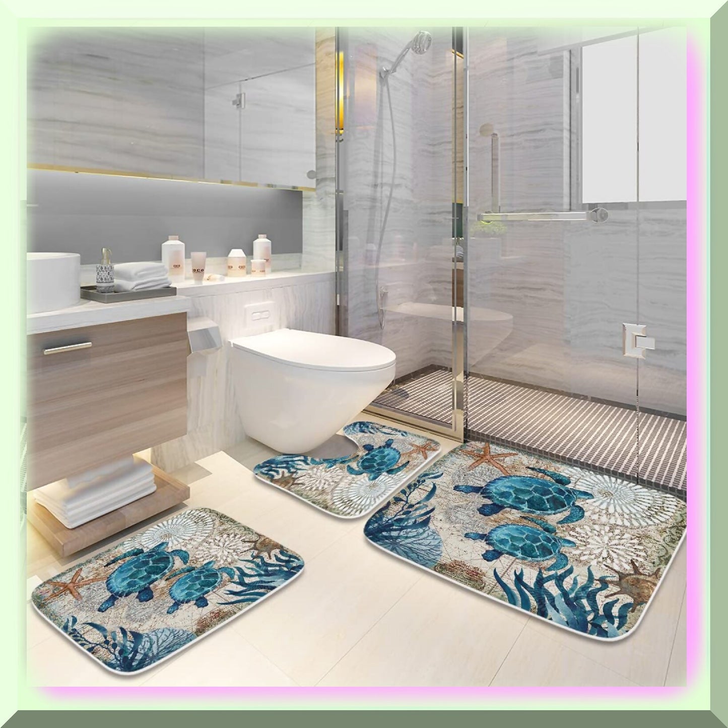 Nautical Sea Turtles Blue Ocean Bathroom Rugs Set 3 Piece