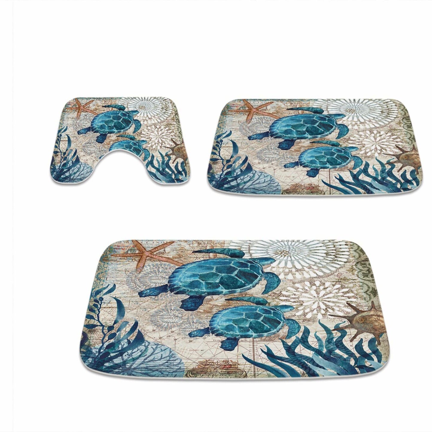 Nautical Sea Turtles Blue Ocean Bathroom Rugs Set 3 Piece