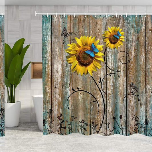 Rustic Floral Blue Butterfly Shower Curtain Set 72x72 Inches