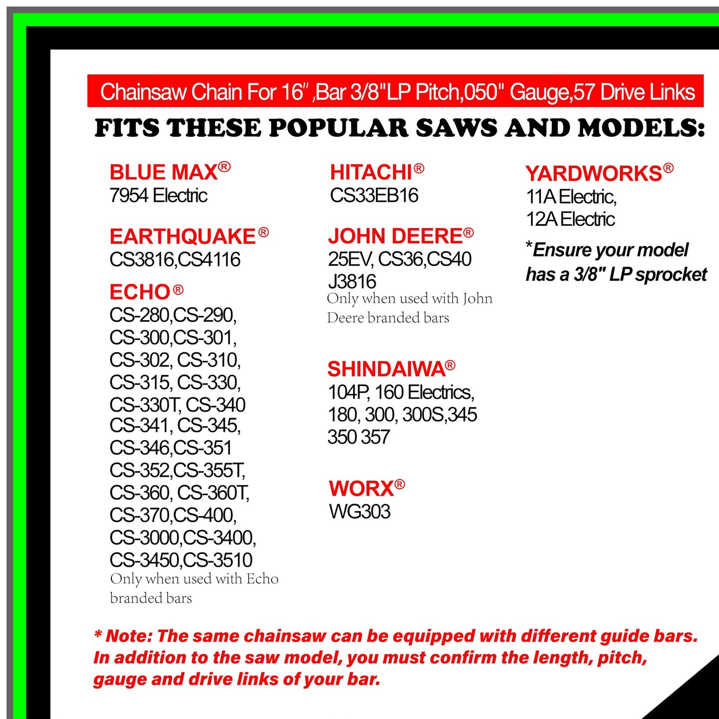16-Inch Chainsaw Chain 3-Pack for Shindaiwa and Worx, 57 Drive Links
