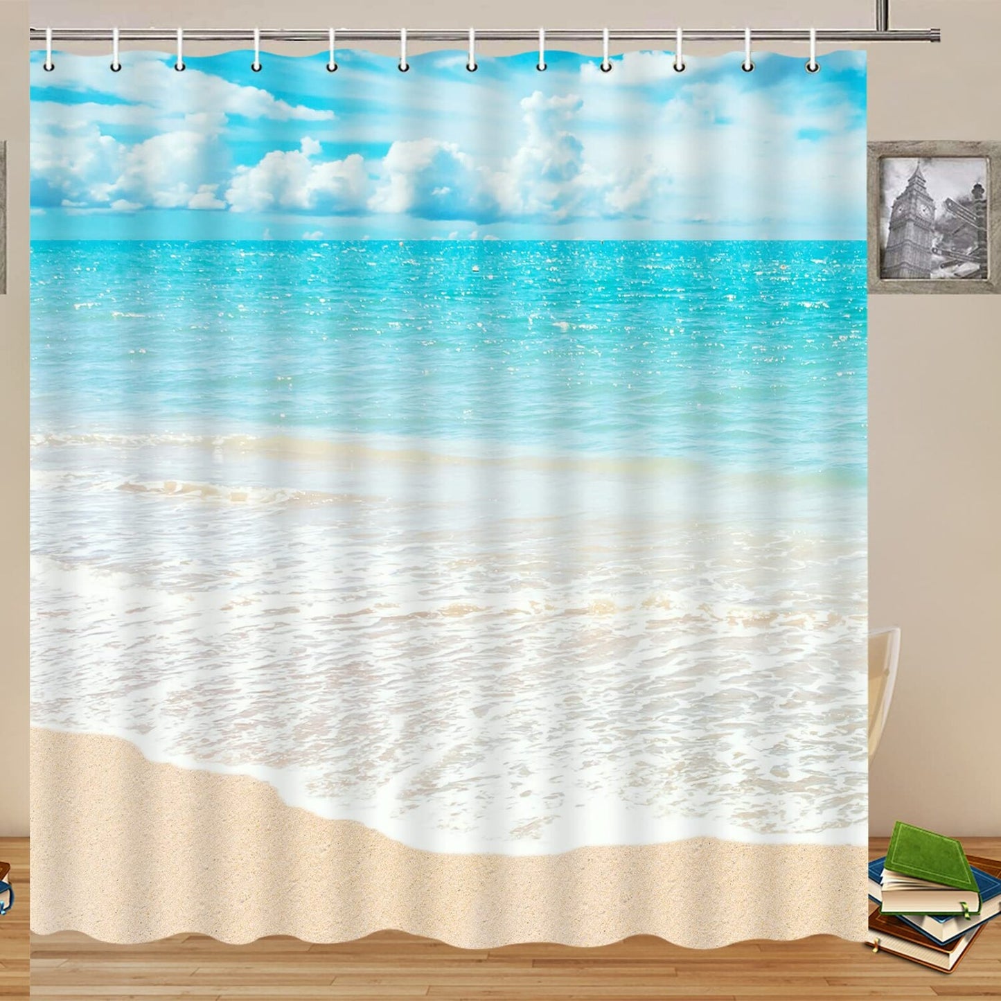 Ocean Beach Shower Curtain 70x70 Blue Sky White Clouds