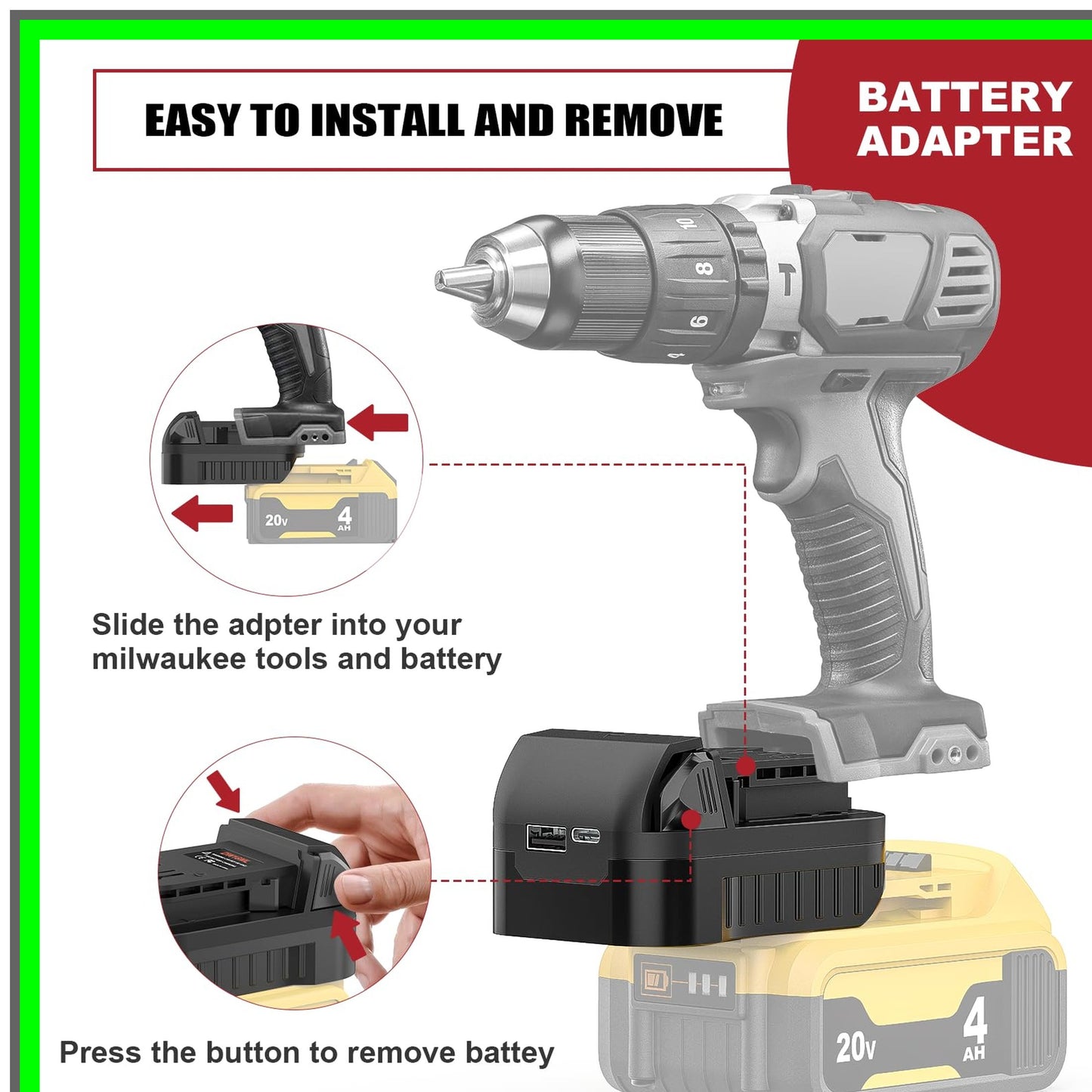 Milwaukee Battery Adapter Converter for 18V/20V Max USB Type C Upgrade 2 Pack