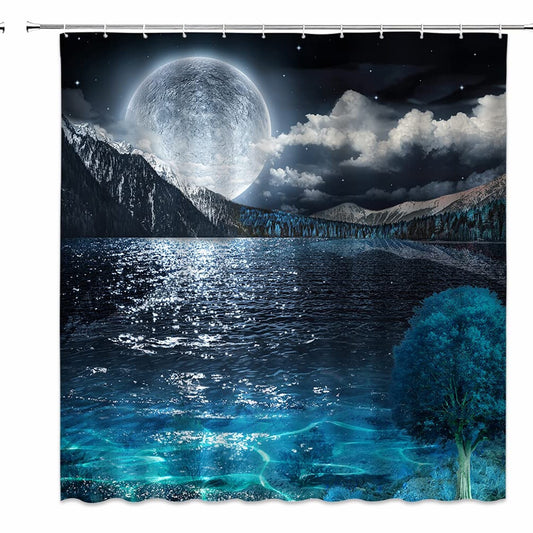 Ocean Shower Curtain Full Moon Cloud Mountain Teal Blue Sea 70x70 in