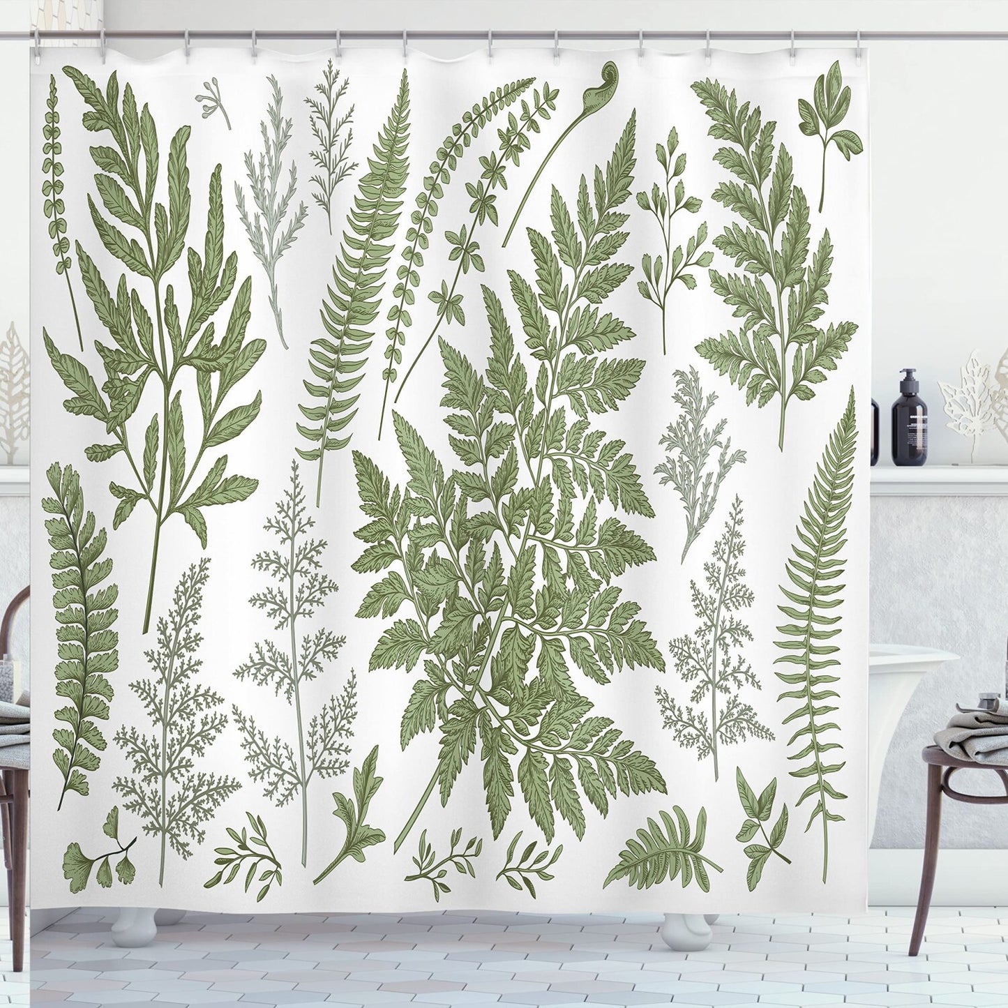 Vintage Botany Shower Curtain 69x75 Sage Green White