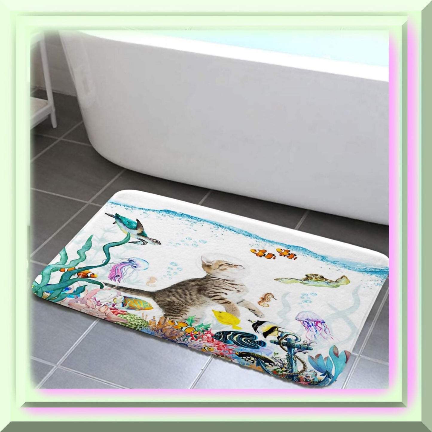 Funny Cat Bath Rug, Teal Blue Sea Ocean, 17x29
