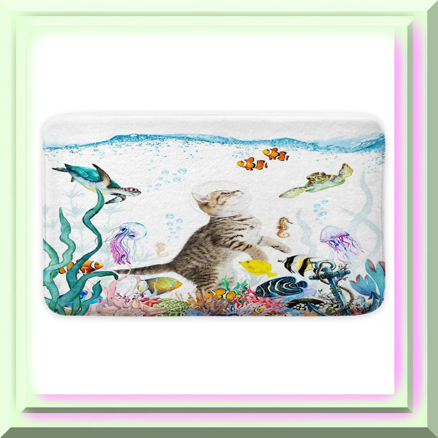 Funny Cat Bath Rug, Teal Blue Sea Ocean, 17x29