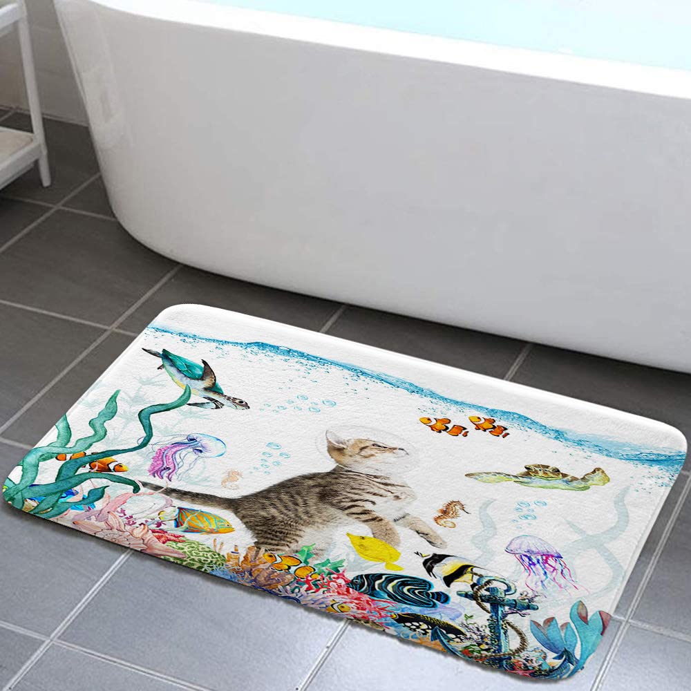 Funny Cat Bath Rug, Teal Blue Sea Ocean, 17x29