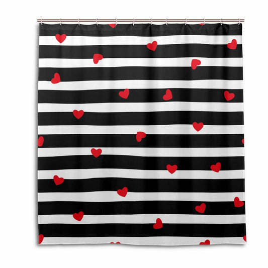 Black White Stripes Red Hearts Shower Curtain 72x72 Inch