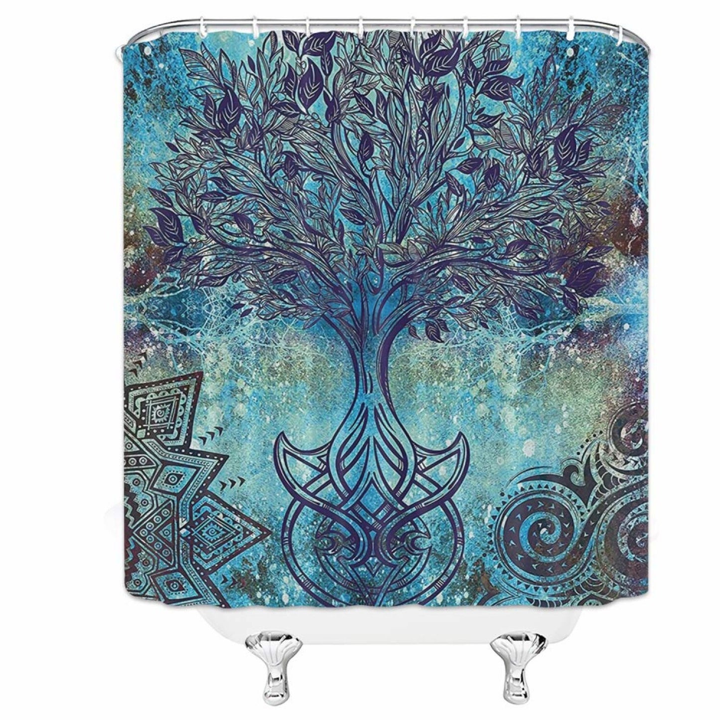 Tree of Life Shower Curtain with Hooks, Turquoise Brown