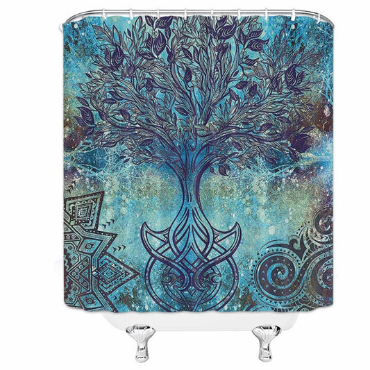 Tree of Life Shower Curtain with Hooks, Turquoise Brown