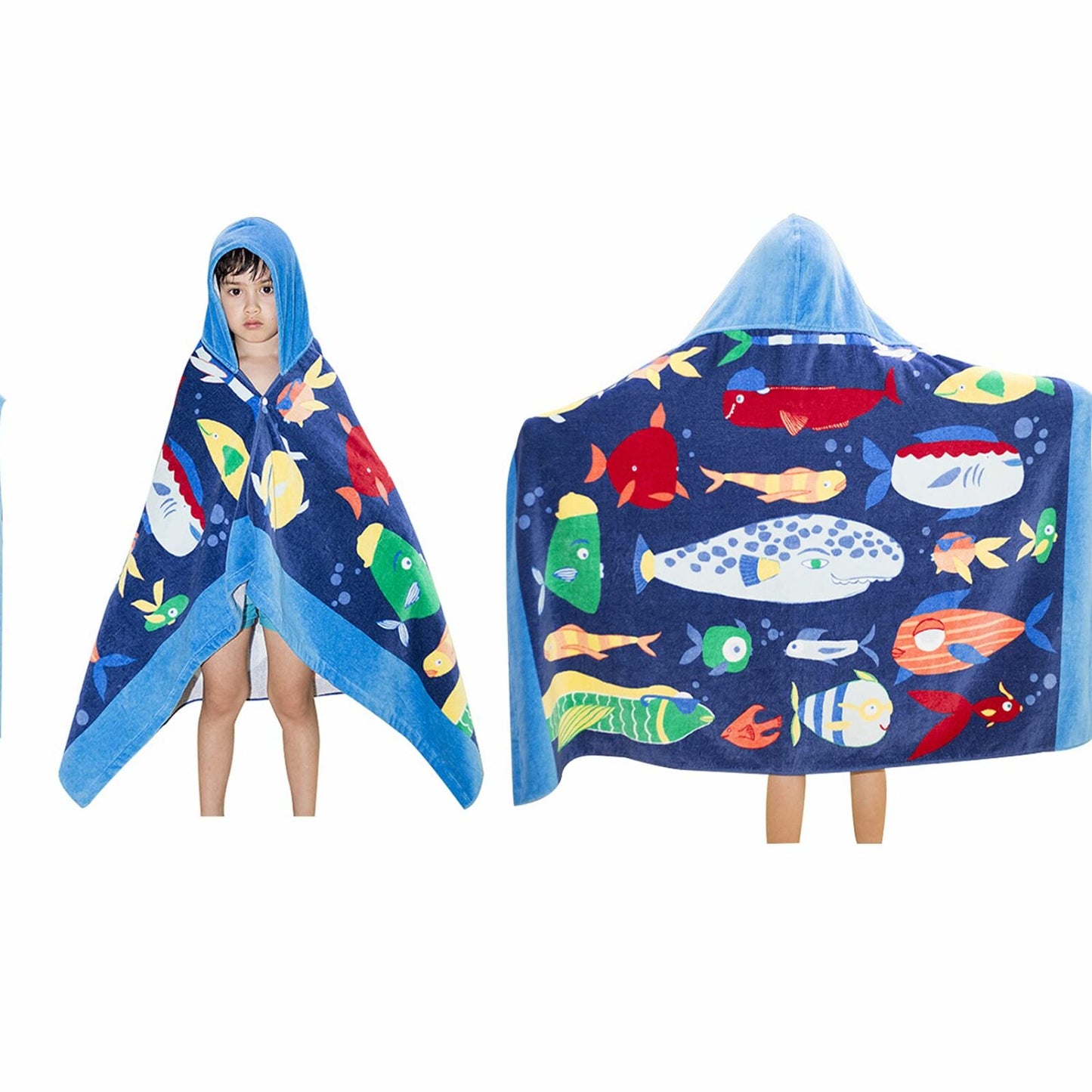 Kids Hooded Beach Bath Towel 50"x30" Cotton Ocean Fish