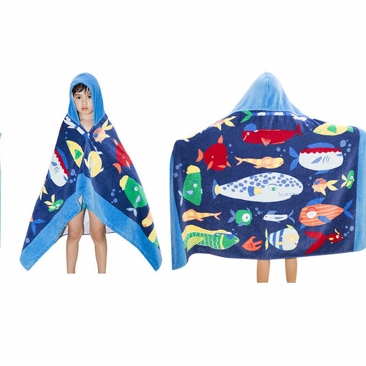 Kids Hooded Beach Bath Towel 50"x30" Cotton Ocean Fish